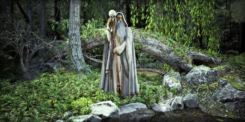 The Wizard of the woods. A legendary white cloaked wizard posing in his mythical enchanted forest by a nearby pond. stock illustration