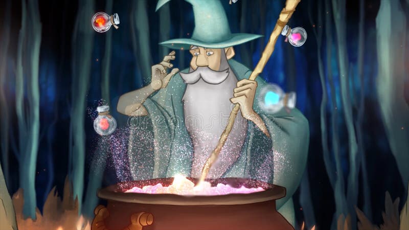 Old wizard with hat making magical potion digital art Stock Illustration