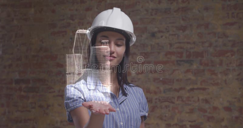 Wizerunek 3d interaktywnego modelu miasta obracającego się w dłoń kobiecego architekta ilustracji