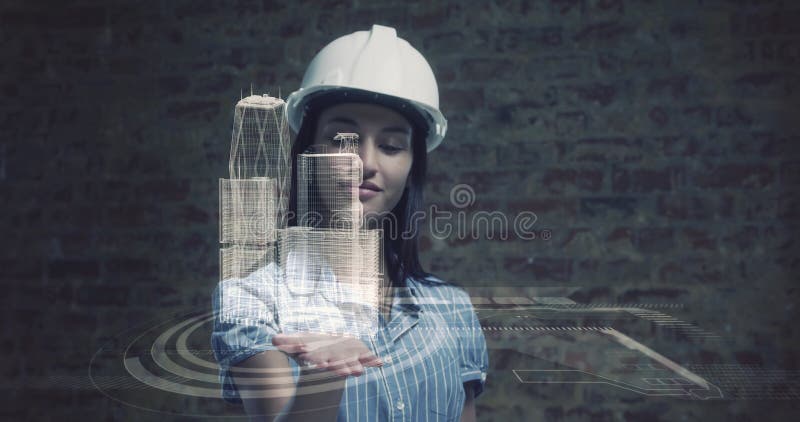 Wizerunek 3d interaktywnego modelu miasta obracającego się w dłoń kobiecego architekta ilustracji
