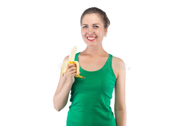 Wizerunek szczęśliwa uśmiechnięta kobieta z bananem obrazy royalty free Wizerunek szczęśliwa uśmiechnięta kobieta z bananem obrazy royalty free