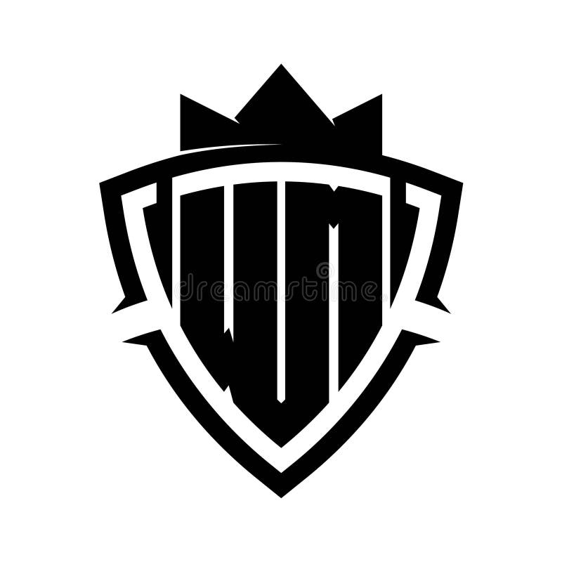 WM Letter bold monogram triangle curve shield shape with crown black and white background color design royalty free illustration