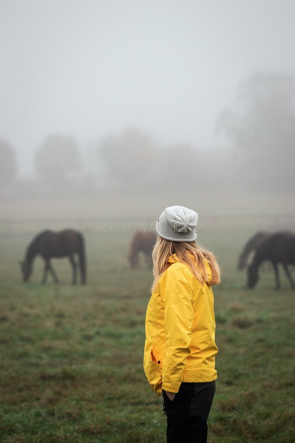 Woman enjoying view to horse at pasture in autumn foggy morning. tourist wearing yellow raincoat and hat.  Tranquil scene with animals. Woman enjoying view to horse at pasture in autumn foggy morning. tourist wearing yellow raincoat and hat.  Tranquil scene with animals