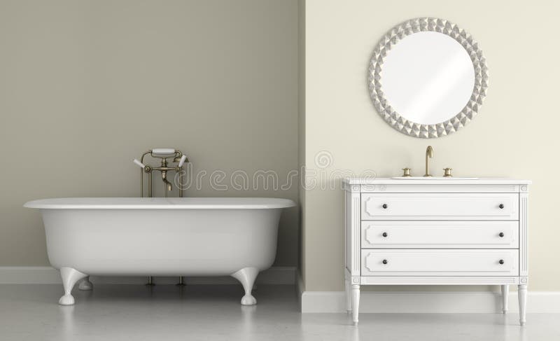 Interior of classic bathroom with round mirror 3D rendering. Interior of classic bathroom with round mirror 3D rendering