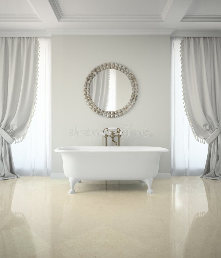Interior of classic bathroom with curtains round mirror 3D rendering. Interior of classic bathroom with curtains round mirror 3D rendering