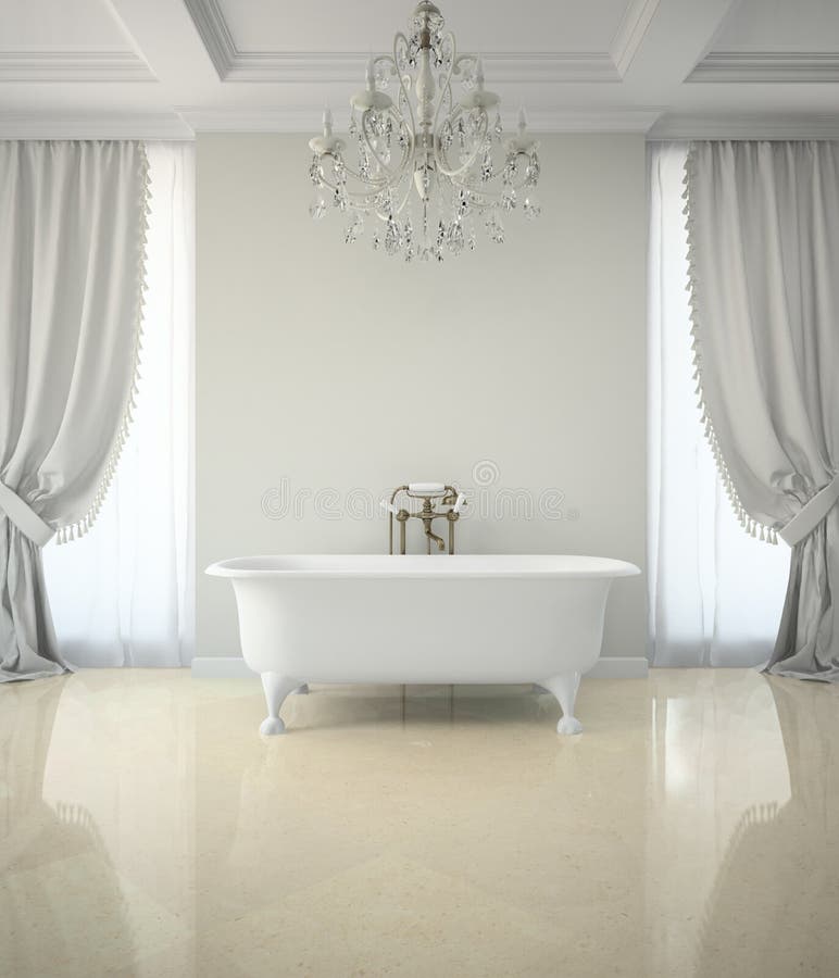 Interior of classic bathroom with chandelier 3D rendering. Interior of classic bathroom with chandelier 3D rendering