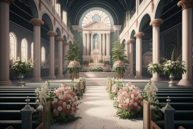 Wnętrze kościoła jest ozdobione bukietami kwiatów. wygenerowane przez ai. koncepcja świąt kościelnych royalty ilustracja