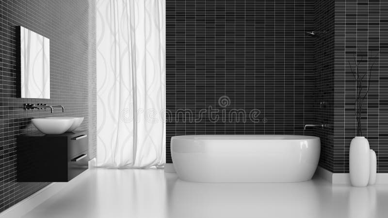 Interior of modern bathroom with black tiles wall. 3D concept. Interior of modern bathroom with black tiles wall. 3D concept