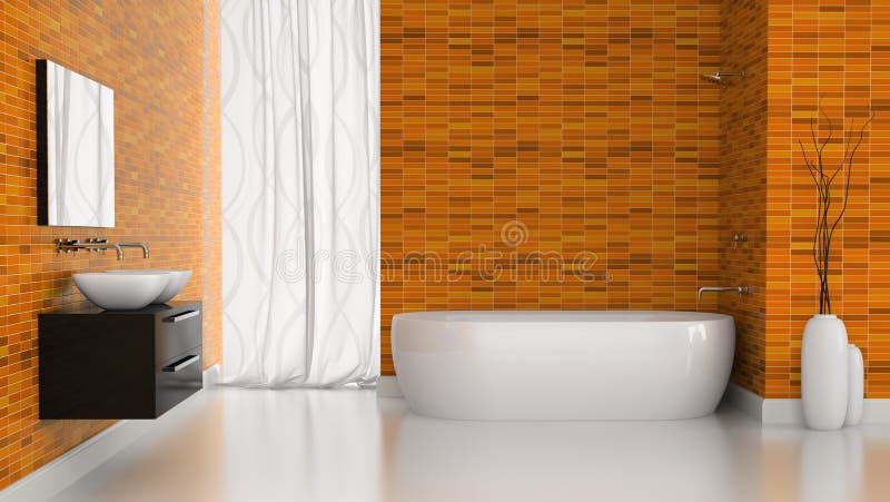 Interior of modern bathroom with orange tiles walls. 3D concept. Interior of modern bathroom with orange tiles walls. 3D concept