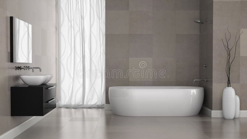 Interior of modern bathroom with grey tiles wall. 3D concept. Interior of modern bathroom with grey tiles wall. 3D concept