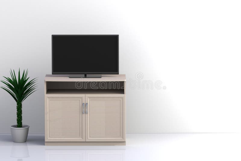 Interior of empty room with TV, Living room led tv on white wall with wooden table modern loft style, 3d rendering. Interior of empty room with TV, Living room led tv on white wall with wooden table modern loft style, 3d rendering