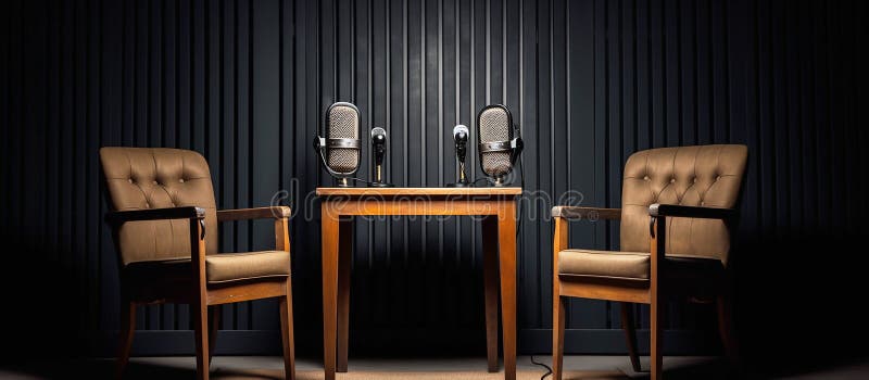 Wnętrze studia podcast dwa krzesła z mikrofonami ciemno wyciszone tony. ai generacyjne zdjęcie royalty free
