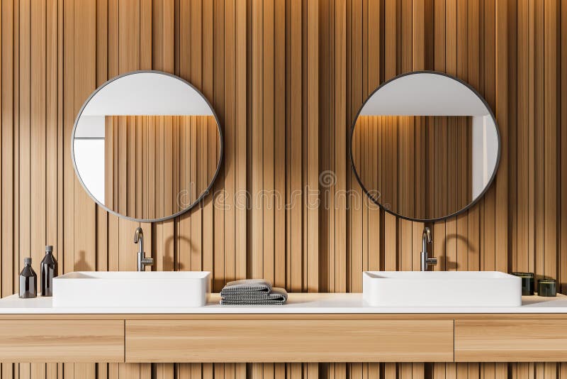 Interior of stylish bathroom with wooden walls and comfortable double ceramic sink with two round mirrors. Front view. 3d rendering. Interior of stylish bathroom with wooden walls and comfortable double ceramic sink with two round mirrors. Front view. 3d rendering
