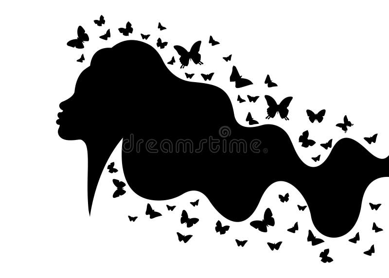 Beautiful woman profile with long wavy hair style and butterflies, vector black silhouette with long butterfly hair, beauty spa