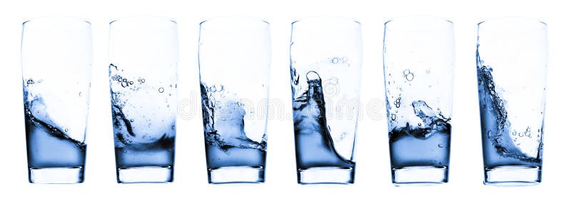 Water in glass - six shots combo - isolated on white. Water in glass - six shots combo - isolated on white