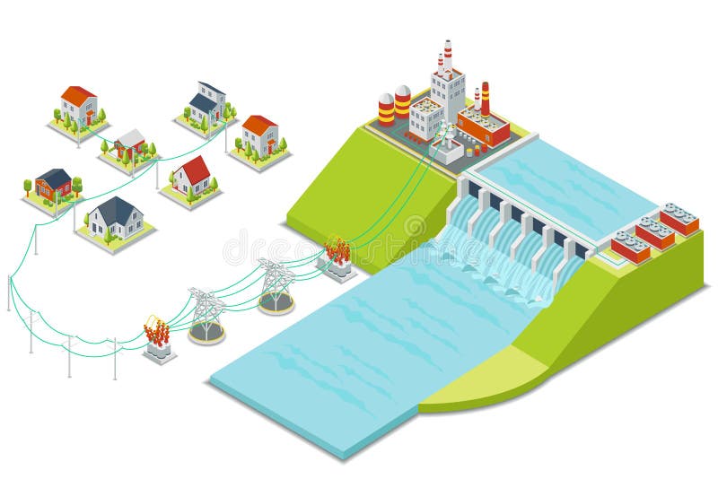 Hydro power plant. 3D isometric electricity concept. Energy electric, alternative hydroelectric, hydro turbine, vector illustration. Hydro power plant. 3D isometric electricity concept. Energy electric, alternative hydroelectric, hydro turbine, vector illustration