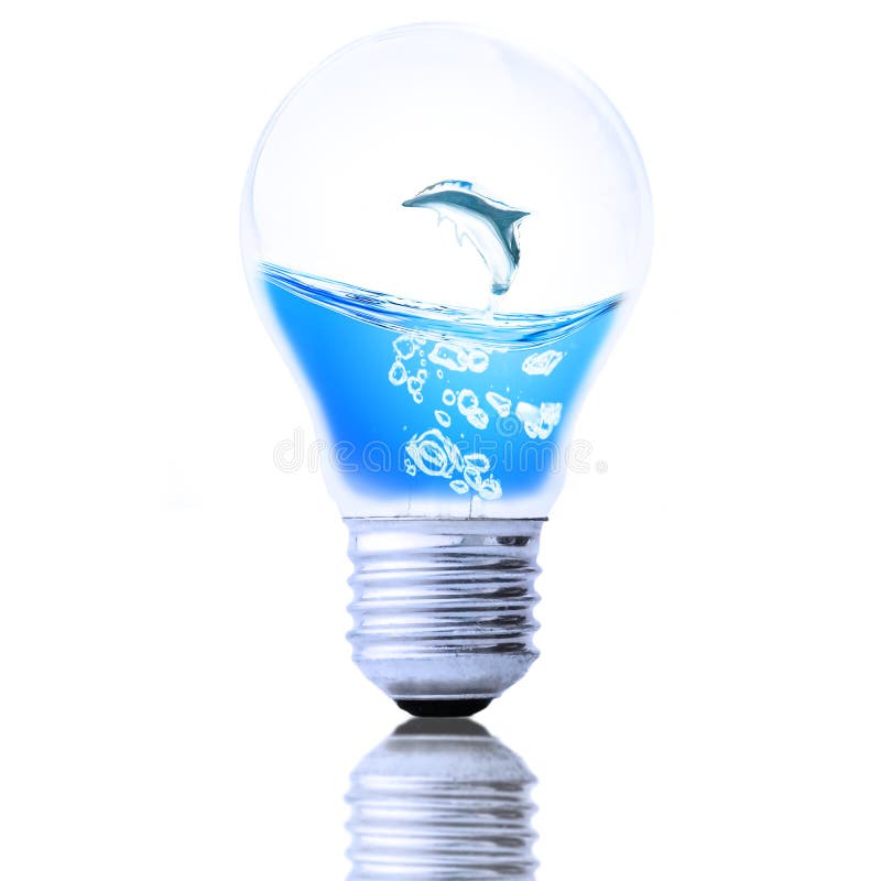 Wodny delfin w żarówce, Save wodnego pojęcie obraz stock Wodny delfin w żarówce, Save wodnego pojęcie obraz stock
