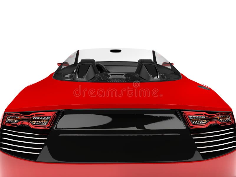 Woedende rode moderne cabriolet super auto - achtergevelmening stock illustratie Woedende rode moderne cabriolet super auto - achtergevelmening stock illustratie