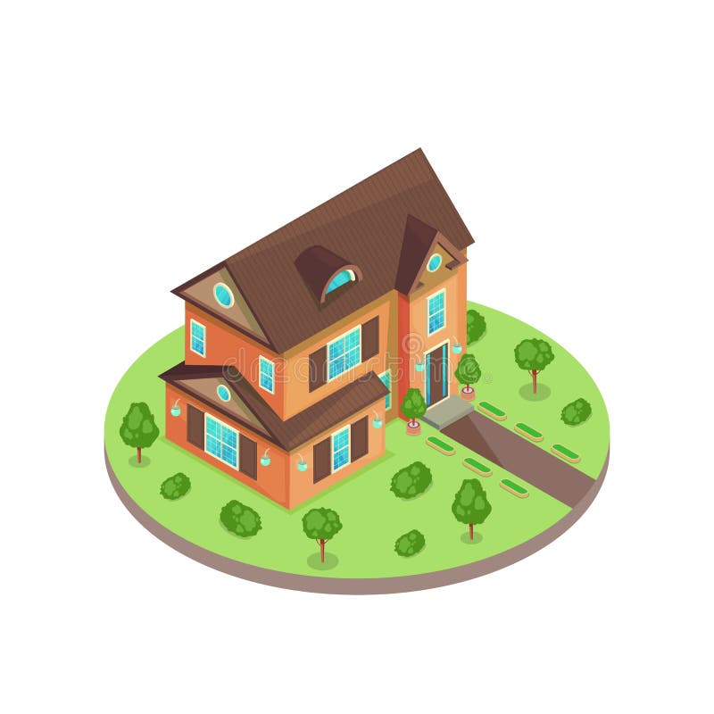 Wohnhaus der klassischen zwei Art der Geschichten 3d isometrischen im grünen Yard Vektor lokalisierte Illustration Real Estate-Ik vektor abbildung Wohnhaus der klassischen zwei Art der Geschichten 3d isometrischen im grünen Yard Vektor lokalisierte Illustration Real Estate-Ik vektor abbildung