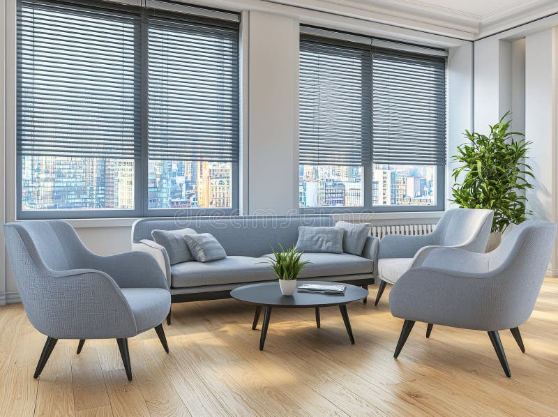 Wohnzimmer in dunklen Farben mit Akzenten aus der Marine. Mockup Design Lounge oder Hall Office Empfang 3D Rendering. vektor abbildung