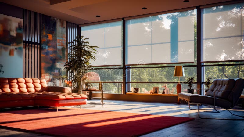Wohnzimmer mit großem Fenster und rotem Teppich auf dem Boden. generative Hilfe lizenzfreie abbildung