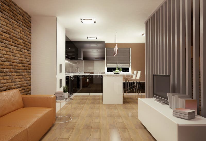 Wohnzimmer mit Kochnische stockfoto. Bild von entwerfer - 28502700