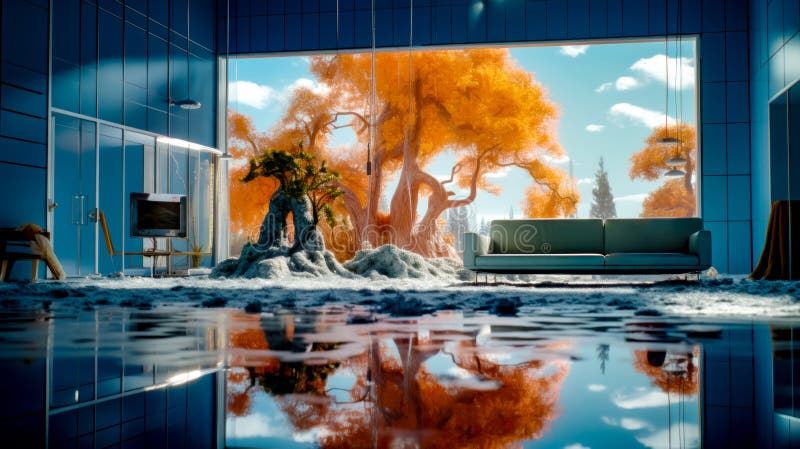 Wohnzimmer mit Sofa und Baum in der Mitte des Raums. generative Hilfe. ai generiert