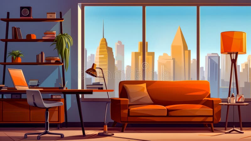 Wohnzimmer mit Sofa und Schreibtisch vor Fenster. generative Hilfe stockbilder