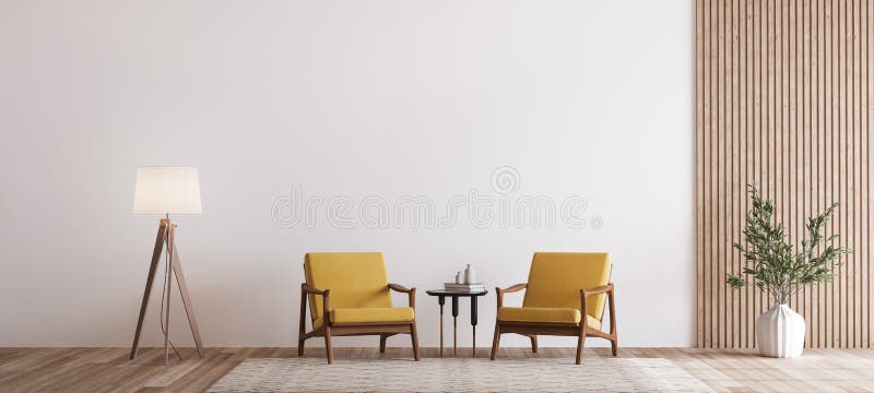 Wohnzimmerentwurf mit leeren Holzstühlen des Wandmodells zwei weiße Wand lizenzfreie stockbilder