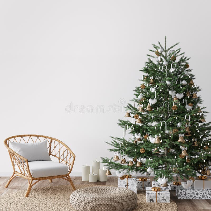 Wohnzimmerweihnachtsinnenraum in der skandinavischen Art. Weihnachtsbaum mit Geschenkboxen