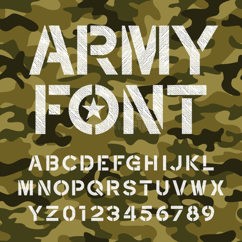 Army alphabet font. Distressed type letters and numbers on a seamless camo background. Vector typography for your design. Army alphabet font. Distressed type letters and numbers on a seamless camo background. Vector typography for your design.