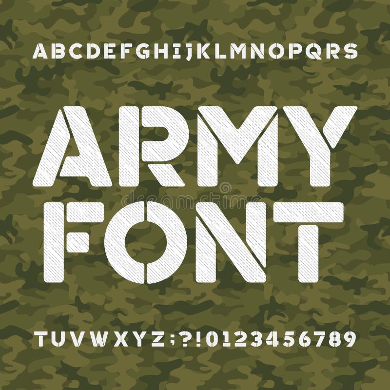 Army alphabet font. Scratched type letters and numbers on a seamless green camo background. Vector typography for your design. Army alphabet font. Scratched type letters and numbers on a seamless green camo background. Vector typography for your design.