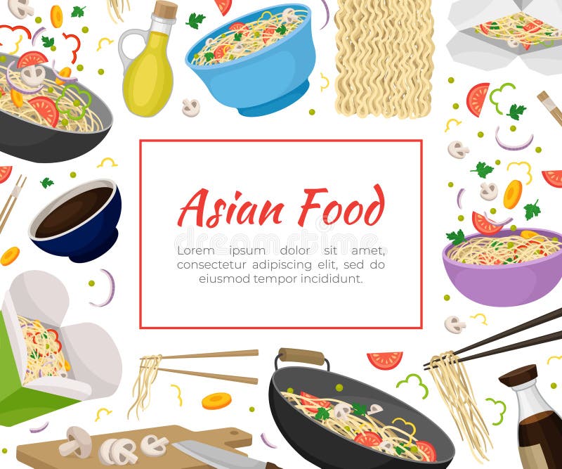 Wok Asian Food Banner Design with Noodle Preparation Vector Template ...