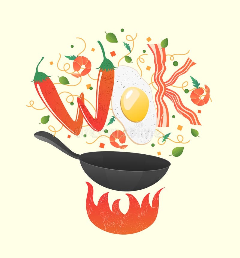 Woklogo für thailändisches oder chinesisches Restaurant Aufruhrfischrogen mit essbaren Buchstaben Garprozessvektorillustration vektor abbildung Woklogo für thailändisches oder chinesisches Restaurant Aufruhrfischrogen mit essbaren Buchstaben Garprozessvektorillustration vektor abbildung