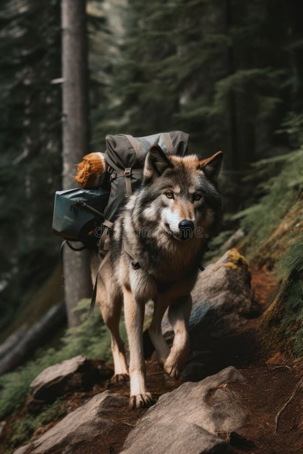 A Wolf with a Backpack Walking on a Trail. Generative AI Image. Stock