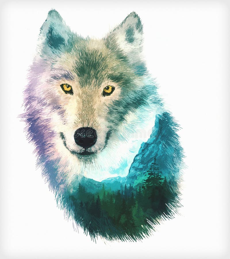 Wolf double exposure illustration stock illustration
