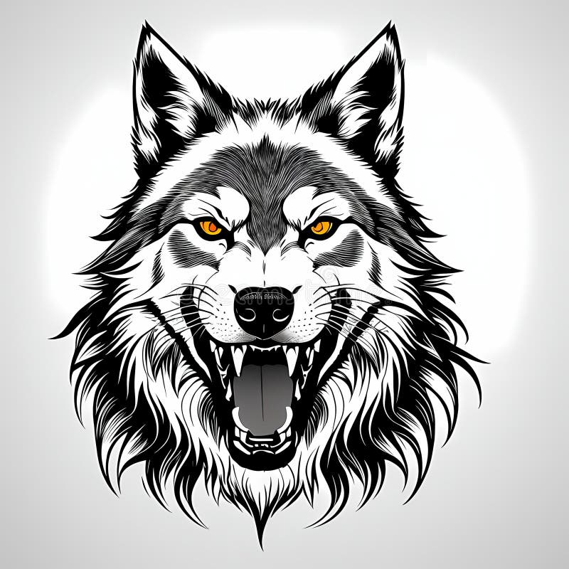 Wolf Fenrir&x27;s head, sticker or tatoo design, black on white background. AI generated image