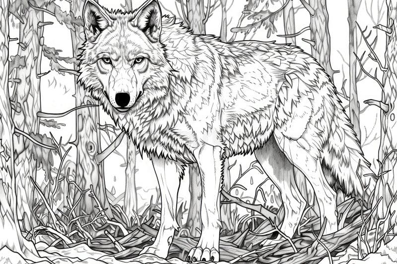 Wolf in the Forest Coloring Page for Children. Black and White Picture