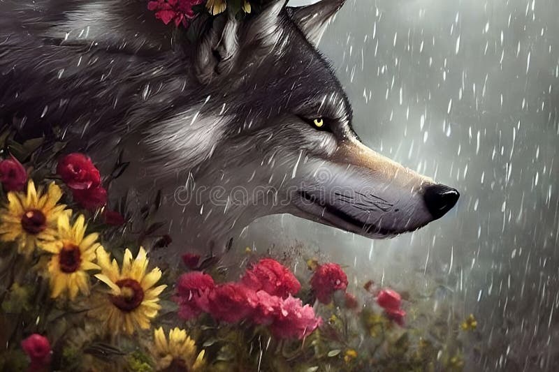 Premium AI Image  anime wolf in a field of flowers with a full moon in the  background generative ai