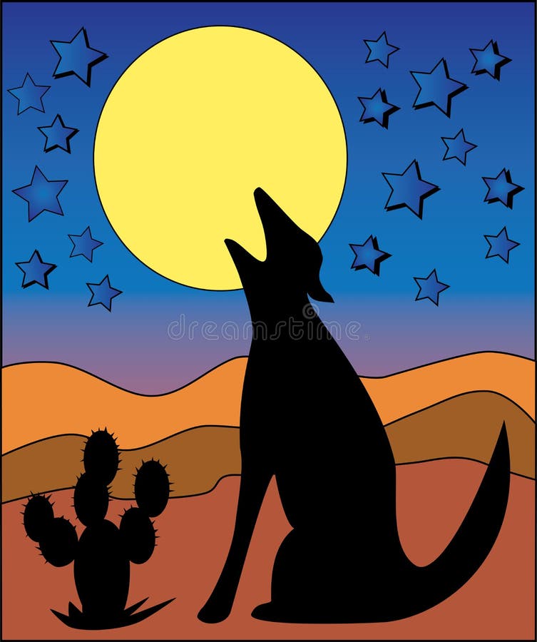Wolf Howling at the Moon stock illustration. Illustration of cactus