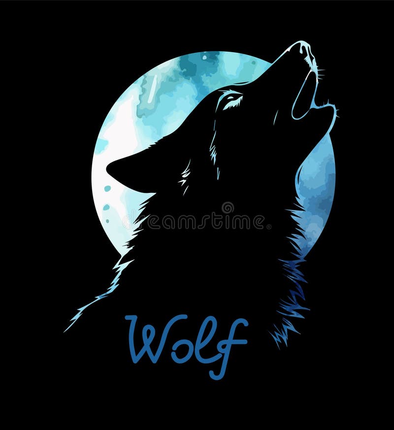 Wolf howling at the moon blue abstract. Hand drawn. Not AI, vector illustration. royalty free illustration