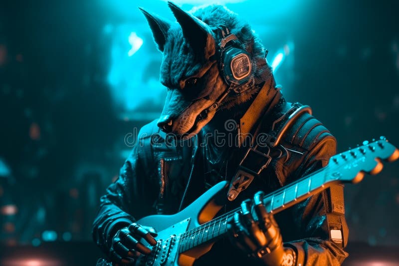 Wolf Rock Guitarist Plays Solo on an Electric Guitar. AI Generated