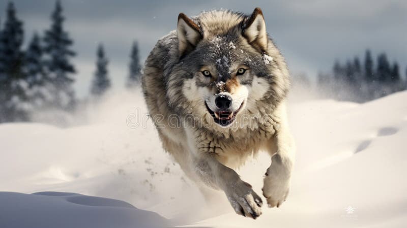 Wolf running in snow. AI Generative royalty free illustration