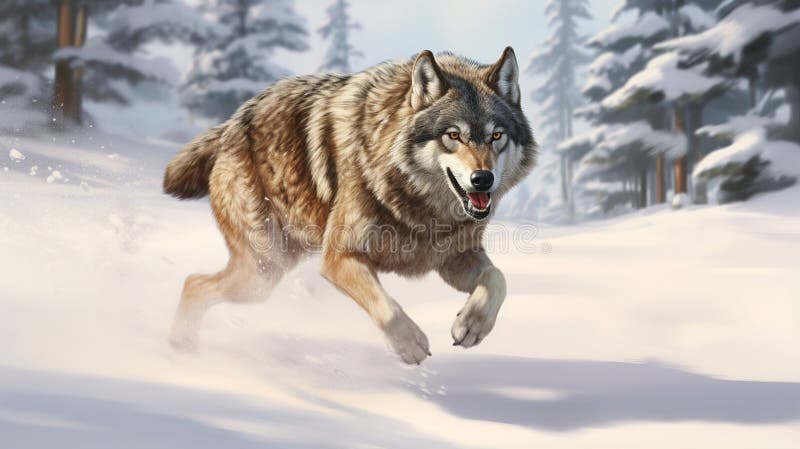 Wolf running in snow. AI Generative stock illustration