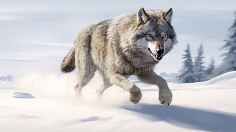 Wolf running in snow. AI Generative stock illustration