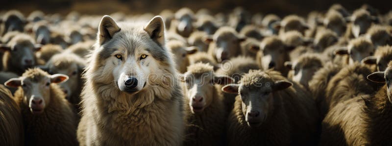 Wild Wolf In Sheep\ s Clothing - A wolf among dozens of sheep - Generative AI