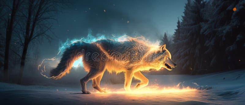 A wolf is walking through the snow in front of a forest. AI generative image