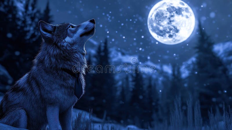 Wolf in tie under snowy moonlit sky stock photo