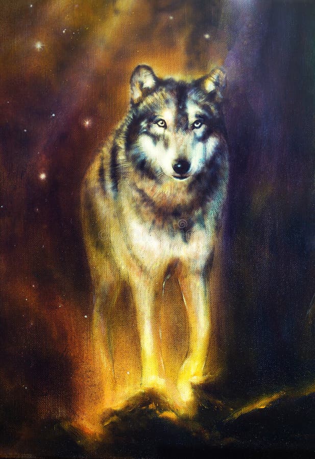 Wolfsportret, machtige kosmische wolf die van licht, mooi gedetailleerd olieverfschilderij op canvas lopen