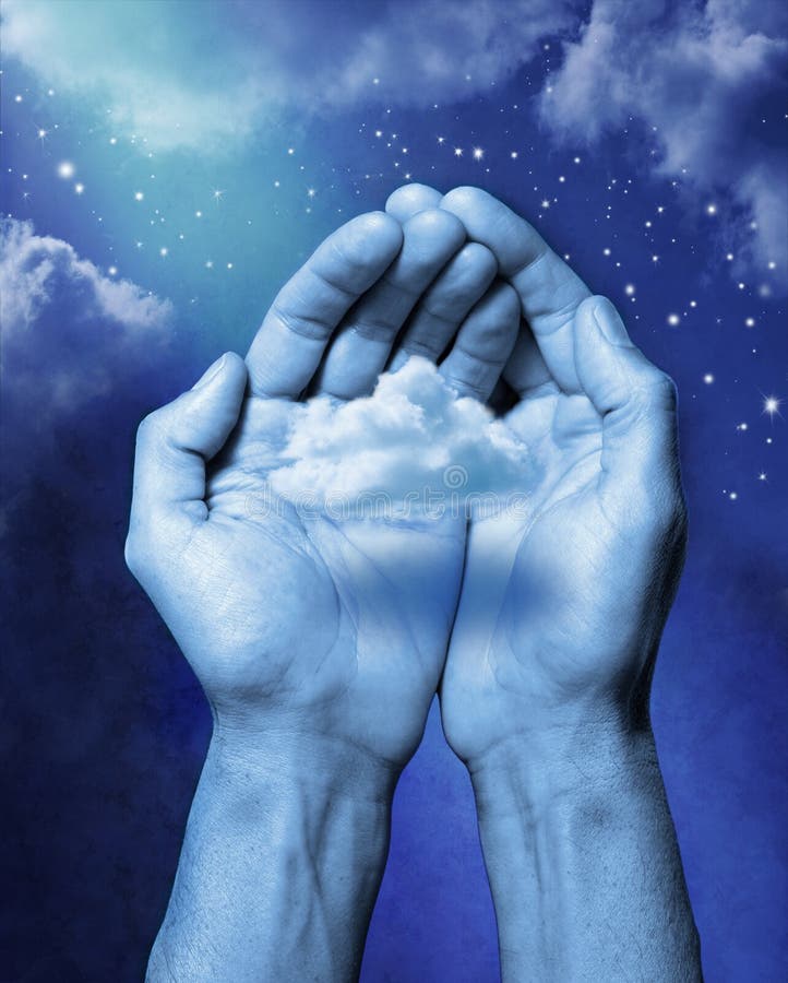 A pair of hands cupped around a floating cloud with a sky and stars background. A pair of hands cupped around a floating cloud with a sky and stars background